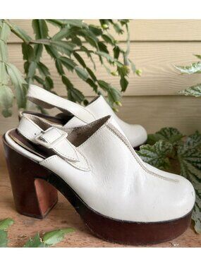 Vintage 70s White Brown Platform Slingback Block Heels 7.5